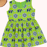 Kalamkari Pista Elephant Print Cotton Frock | Sleeves Frock Calf Length