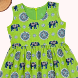 Kalamkari Pista Elephant Print Cotton Frock | Sleeves Frock Calf Length