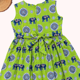 Kalamkari Pista Elephant Print Cotton Frock | Sleeves Frock Calf Length