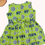 Kalamkari Pista Elephant Print Cotton Frock | Sleeves Frock Calf Length