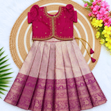Kanmani Lehanga Set - Rich Pink Zari Weaving Banaras Skirt with paired Aariwork Top