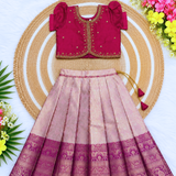 Kanmani Lehanga Set - Rich Pink Zari Weaving Banaras Skirt with paired Aariwork Top