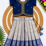 Kanmani Lehanga Set - Blue Zari Weaving Banaras Skirt with paired Aari work Top