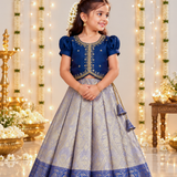 Kanmani Lehanga Set - Blue Zari Weaving Banaras Skirt with paired Aari work Top