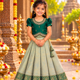 Kanmani Lehanga Set - Green Zari Weaving Banaras Skirt with paired Aariwork Top