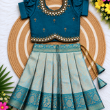 Kanmani Lehanga Set - Rama Blue Zari Weaving Banaras Skirt with paired Aariwork Top