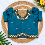Kanmani Lehanga Set - Rama Blue Zari Weaving Banaras Skirt with paired Aariwork Top