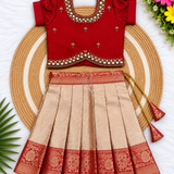 Kanmani Lehanga Set - Red Zari Weaving Banaras Skirt with paired Aari work Top