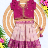 Kanmani Lehanga Set - Rich Pink Zari Weaving Banaras Skirt with paired Aariwork Top
