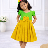 Lime Green Kulali HandLoom Cotton Frock | Short Sleeve Frock with Soft Lining
