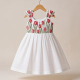 White Red Tulips Embroidery - Malai Chanderi Frock