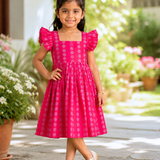 Mila Butta HandLoom Cotton Frock | Ruffle Sleeve Frock with Soft Lining