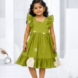 Olive Green - Ruffle Sleeveless Cotton Frock