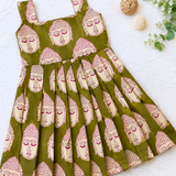 Kalamkari Olive Buddha Print Cotton Frock | Sleeveless Frock with Back Zip