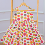Multi Coloured Owl - Half White Sleeveless Cotton Frock for Girls with Lining and Back Zip