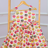 Multi Coloured Owl - Half White Sleeveless Cotton Frock for Girls with Lining and Back Zip