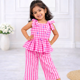 Pink Checks Sleeveless Co-ord Set - Sleeveless top with shoulder knot