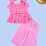Pink Checks Sleeveless Co-ord Set - Sleeveless top with shoulder knot
