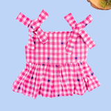 Pink Checks Sleeveless Co-ord Set - Sleeveless top with shoulder knot