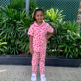 Pink Kitty Print Print Kids Night Suit - Half Sleeve Shirt and Full Pant