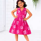 Pink Leafy Floral Collared Sleeveless Cotton Frock