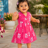 Pink Leafy Floral Collared Sleeveless Cotton Frock