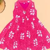 Pink Leafy Floral Collared Sleeveless Cotton Frock