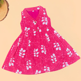 Pink Leafy Floral Collared Sleeveless Cotton Frock
