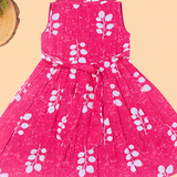 Pink Leafy Floral Collared Sleeveless Cotton Frock