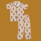 Pink Teddy Print Kids Night Suit - Half Sleeve Shirt and Full Pant