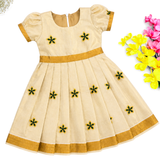 Kerala Tissue Kasavu Kids Frock - Green Blossom (Preorder - Dispatch from 14-8-26)