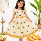 Kerala Tissue Kasavu Kids Frock - Green Blossom (Preorder - Dispatch from 14-8-26)