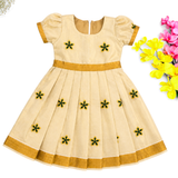 Kerala Tissue Kasavu Kids Frock - Green Blossom (Preorder - Dispatch from 14-8-26)
