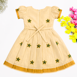 Kerala Tissue Kasavu Kids Frock - Green Blossom (Preorder - Dispatch from 14-8-26)