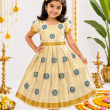Kerala Tissue Kasavu Kids Frock - Blue Hearts (Preorder - Dispatch from 14-8-26)