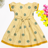 Kerala Tissue Kasavu Kids Frock - Blue Hearts (Preorder - Dispatch from 14-8-26)
