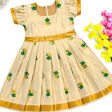 Kerala Tissue Kasavu Kids Frock - Mango (Preorder - Dispatch from 14-8-26)