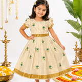 Kerala Tissue Kasavu Kids Frock - Mango (Preorder - Dispatch from 14-8-26)