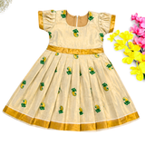 Kerala Tissue Kasavu Kids Frock - Mango (Preorder - Dispatch from 14-8-26)
