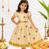 Kerala Tissue Kasavu Kids Frock - Red Blossom (Preorder - Dispatch from 14-8-26)