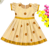 Kerala Tissue Kasavu Kids Frock - Red Blossom (Preorder - Dispatch from 14-8-26)