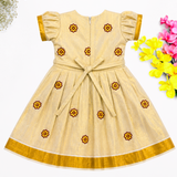 Kerala Tissue Kasavu Kids Frock - Red Blossom (Preorder - Dispatch from 14-8-26)