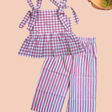 Purple Checks Peplum Sleeveless Co-ord Set - Sleeveless top with shoulder knot