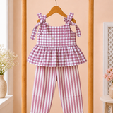 Purple Checks Peplum Sleeveless Co-ord Set - Sleeveless top with shoulder knot