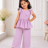 Purple Checks Peplum Sleeveless Co-ord Set - Sleeveless top with shoulder knot