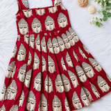 Kalamkari Red Buddha Print Cotton Frock | Sleeveless Frock with Back Zip