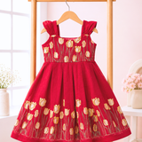 Red Tulips Embroidery - Malai Chanderi Frock (Preorder - Dispatch from 3-6-26)