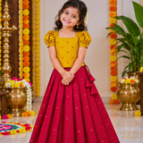 Sangavi Raw Silk Ethnic Set - Mustard Top with Warm Red Full Length Skirt for Baby Girls