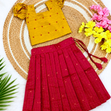 Sangavi Raw Silk Ethnic Set - Mustard Top with Warm Red Full Length Skirt for Baby Girls (Preorder Dispatch from 12-8-26)