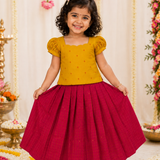 Sangavi Raw Silk Ethnic Set - Mustard Top with Warm Red Full Length Skirt for Baby Girls